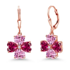 18K Rose Gold Plated Silver Created Ruby and Pink Moissanite Dangle Earrings - Picture 1 of 3