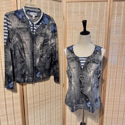 Joseph Ribkoff Conjunto Doble M/L Chaqueta Top Cremallera Denim Estampado de Retazos Malla Artística De Colección Foto 1 de 4