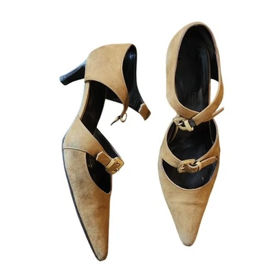De Colección Y2K Bottega Veneta Zapatos Amarillo Gamuza Tacones Dos Correas Hebilla D'Orsay 7.5 Foto 1 de 4