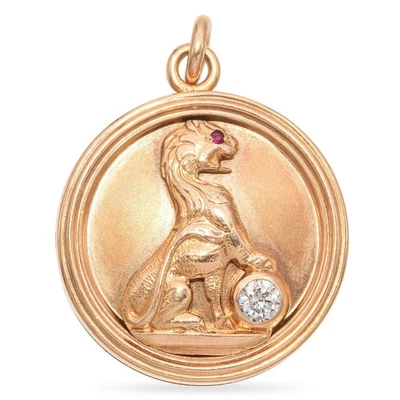 Antique 14k Yellow Gold Lion Holding A Diamond Sphere Locket - Image 1 of 4