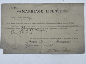 Antique 19thC Beaver County PA Marriage License w/ Embossed Seal – Genealogy - Picture 1 of 6