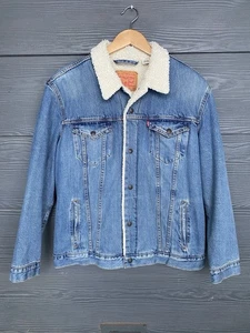 Levi's Herren 2XL Denim Jeans Sherpa Trucker Jacke Blau Knopfleiste Top Zustand - Bild 1 von 15