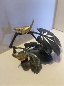2 alte Messing Vögel sitzen auf einem Blatt Ast Skulptur, schwer - Bild 1 von 10