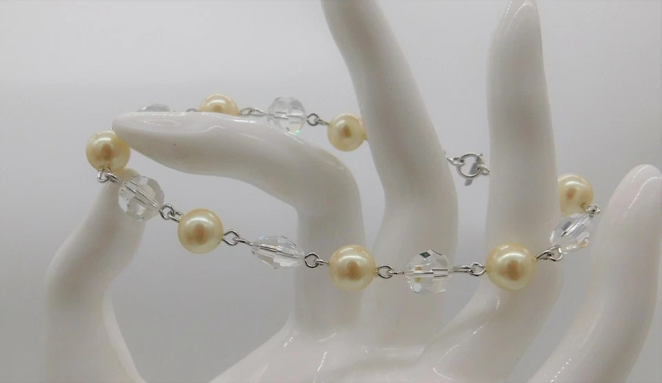 Monet Cream Faux Pearl Clear Faceted  Bead Silver Tone Sister Clasp Bracelet - Image 1 of 4