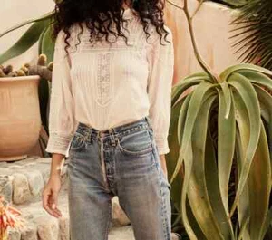 Doen Women's Albertine Crochet Laced Pin Tucks Cotton White Blouse Tunic Top S - Picture 1 of 16