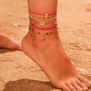 5 Pc Golden & Pink Anklet Set w Multi-color Gems, Seed Beads, Lg. Links, & Star - Picture 1 of 10
