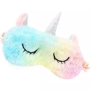 Maschera per sonno unicorno arcobaleno soffice animale peluche da viaggio maschera per occhi traspirante - Foto 1 di 5