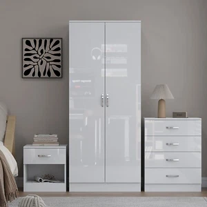 3 Piece High Gloss Bedroom Furniture Bedside Table Wardrobe Set Chest of Drawer - Picture 1 of 50
