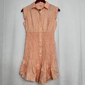 Guess Teodora Mini Dress Linen Eco Peach Ruffle Collared Button Up Short Sleeve - Picture 1 of 13