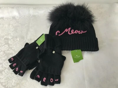 Juego de guantes Kate Spade MEOW Beanie & Pop Top en NEGRO ¡NUEVO CON ETIQUETAS! Foto 1 de 4