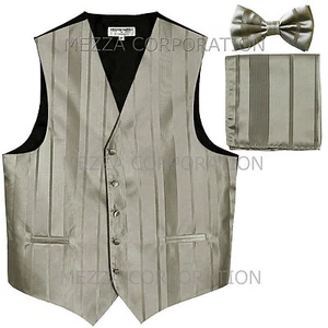 New Men's Tuxedo Vest Waistcoat Stripes Bowtie Hankie formal prom party Silver - Picture 1 of 4