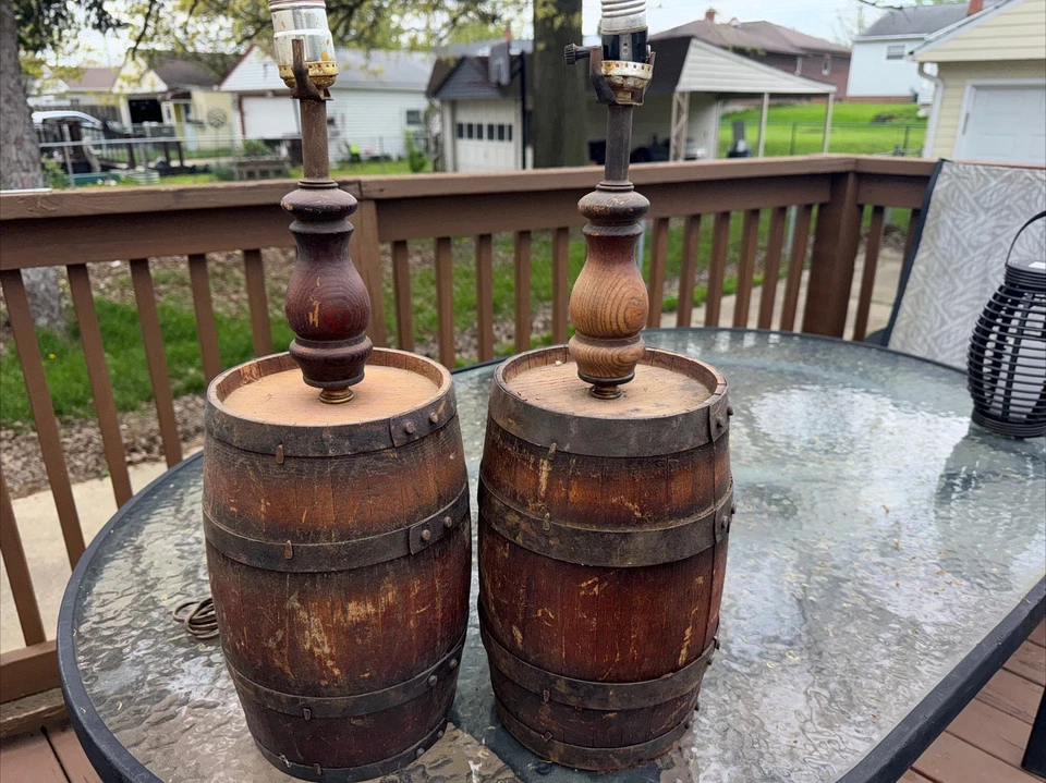 2 Vintage Whiskey Barrel Wooden Keg Lamps - Image 1 of 1