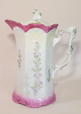 Pote de chocolate alemão Weimar do século XIX porcelana painel borda rosa com cardo - Imagem 1 de 4