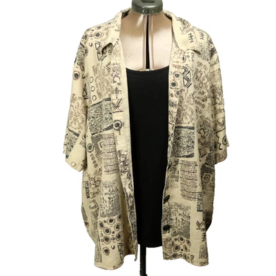 Maggie Barnes Geometric Button Up Shirt Built-in Faux Tank Short Sleeve Tan 5X - Image 1 of 4