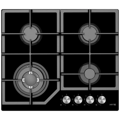 HYE 60 x 60 Built-In 4 Burner Gas Hob, Wok Zone, Gas on Glass, Black- C01GH60G28 - Image 1 of 4