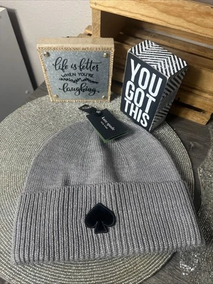 Kate Spade New York Heather Gray Flocked SpadeLogo Beanie Hat OSFM New With Tags - Image 1 of 4