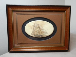 VINTAGE AMERICAN SCRIMSHAW SHIP ENGRAVING BY STEPHEN BARLOW ORIGINAL FRAME - Picture 1 of 5