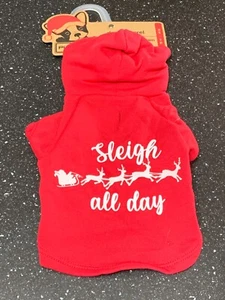 Felpa con cappuccio cane natalizio Pup Crew 'Sleigh All Day' pull on XS 12-14" rosso mix nuova con etichette - Foto 1 di 2