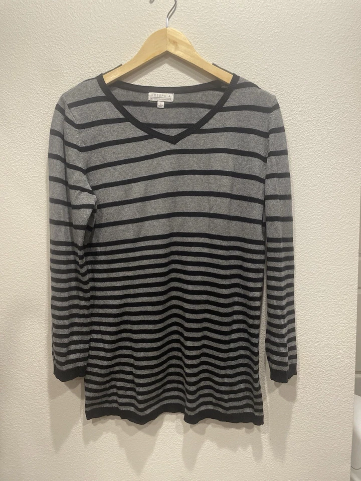 Joseph A Acogedor Suéter Negro Gris Rayas Mangas 3/4 Jersey Cuello en V Suave Lux Talla M Foto 1 de 4