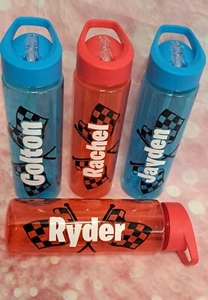 Personalised Water Bottle Kids Car Racing Themed Chequered Flag School Gift  - Picture 1 of 2