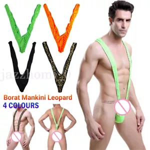 Leopard Skin Mesh Man Sexy Borat Mankini Thong Bodysuit Costume Swimsuit - Picture 1 of 14