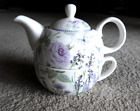 Vintage Summer River Romantic Purple Roses & Lilac White Teapot For One