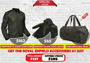 Royal Enfield" STREETWIND V2 JACKET OLIVE CAMO" & "GLOVE" with Free Duffle Bag - Picture 1 of 23