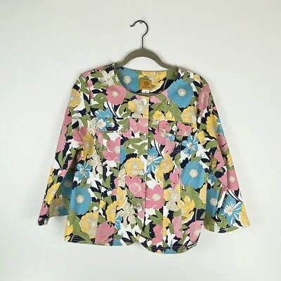 RUBY RD Women 10 Floral Denim Jacket Mother Pearl Button 3/4 Sleeve Pockets Pink - Image 1 of 4