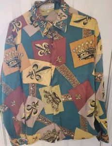 CREME DE SILK Men's Shirt RARE Fleur-de-lis & Crown Design Medium - Picture 1 of 16