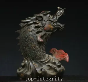 10" Qing Qianlong Pure Bronze Gilt Painting Cinnabar Fengshui Dragon Fish Statue - Bild 1 von 9