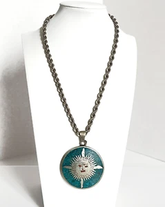 Vtg Mexico Dbl Sided Sun God Pendant w/Sterling Silver Twisted Rope Necklace 24" - Picture 1 of 6
