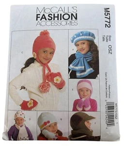 McCalls Sewing Pattern M5772 Kids Winter Hat Scarf Mittens Pompoms Girls Uncut - Picture 1 of 12