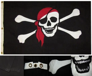 3x5 Embroidered Sewn Jolly Roger Red Hat Pirate 100% Cotton Flag 3'x5' - Picture 1 of 10