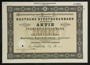 🇩🇪GERMANY 832/B&V -Deutsche Hypothekenbank in Meiningen 1927 1000 RM🇩🇪 - Bild 1 von 1