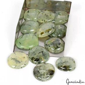 12 Pc Natural Apple Green Prehnite Black Needle Freeform Cabochon Gemstone~640Ct - Picture 1 of 6