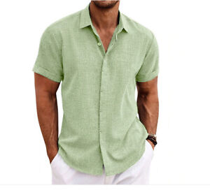 Men's cotton and linen cardigan short sleeved summer short sleeved lapel shirt