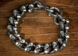 22.5cm Men's Solid 999 Sterling Silver Link SKULL Bracelet bangle Chain HANDMADE - Picture 1 of 8