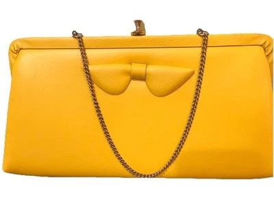 Vintage 1980’s Yellow Clutch Purse With Bow And Chain Handle Boho  - Image 1 of 4