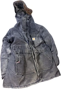 Vintage Carhartt Arctic Coat CQ386 Fur Hood Canvas Black Faded Distressed 2XL - Picture 1 of 17