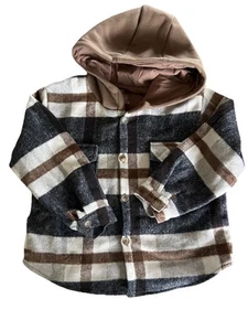 Olive + Scout Plaid Flannel Jacket Boy Size 6T Brown Hooded Outdoors Hiking - Picture 1 of 7