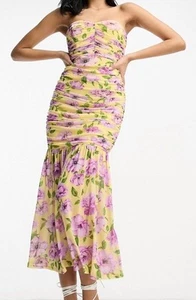 BNWT (Sold Out Online) ASOS Strapless Fitted Yellow Floral Midi Dress Sz14 - Picture 1 of 8