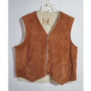 Vtg Sears Fieldmaster Suede Sherpa Fleece Lined Snap Vest Mens L Brown Pockets - Picture 1 of 10