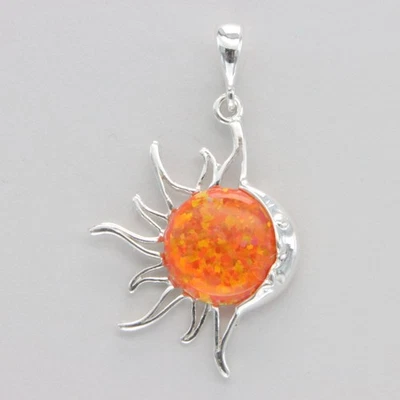 Orange FIRE OPAL Sun and Moon Dangle Pendant - Star - 925 STERLING SILVER #132e - Image 1 of 4