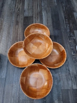 Juego de 5 ensaladeras tejidas de madera redondas de 8 pulgadas Foto 1 de 4