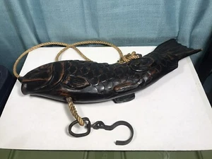 Antique Hearth Crossbeam Wood Carved Fish w Hook Japanese Cooking Adjustable - Picture 1 of 15