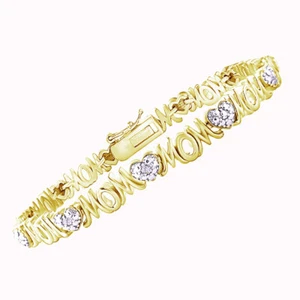 Heart & "Mom" Tennis Bracelet  Natural Diamond 14K Yellow Gold Plated - Picture 1 of 6