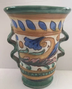 Vintage italienische Keramik handbemalt Sgraffito? Blaugrün Senf Blumenvase Italien - Bild 1 von 8