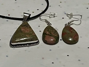 Unakite 925 Silver Plated Handmade Pendant & Matching Earrings - Picture 1 of 9