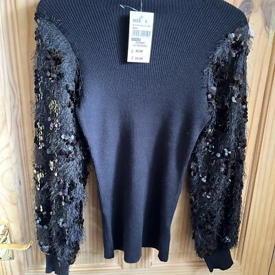 Quiz Black Knitted Sequin Sleeve Ribbed Jumper Size Small BNWT RRP £34.99 - Image 1 of 4