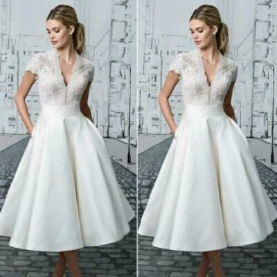Vestidos de novia vintage de encaje blanco para mujer hasta el té vestidos de novia vestido de novia Foto 1 de 4